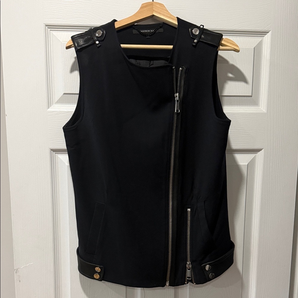 Andrew Marc Black Sleeveless Moto Vest with Asymmetric Zip